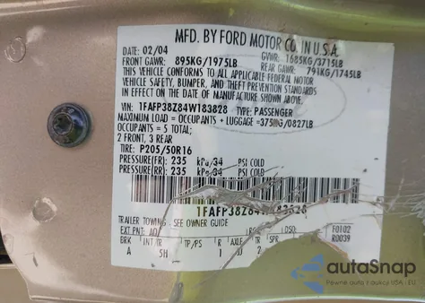 2004 Ford Focus Zts z USA, uszkodzony, nr VIN 1FAFP38Z84W183828